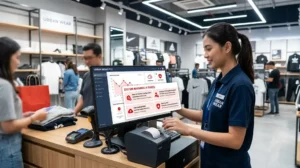 Ilustrasi penggunaan POS System di toko yang menunjukkan kesalahan setup, kurangnya pelatihan karyawan, kegagalan backup data, dan risiko keamanan dengan dashboard analitik bisnis.