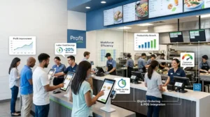 Customers using self service kiosks in a modern restaurant while employees focus on food preparation and customer assistance, illustrating improved productivity and operational efficiency.